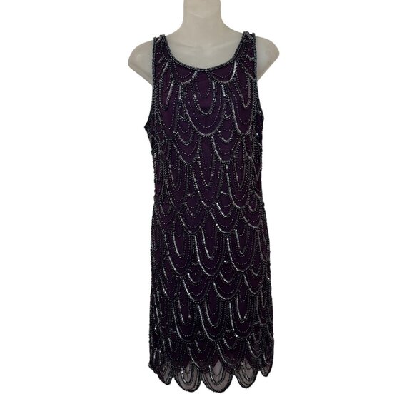 Pisarro Nights Beaded Sequin Sheath Mesh Short Dress Purple size 10 Art Deco - Picture 1 of 8